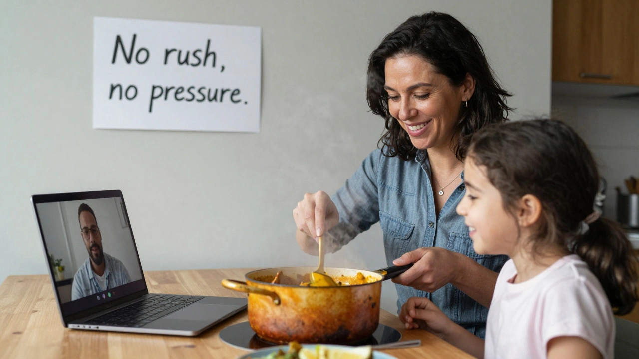 A mother cooking with her daughter in Peckham, a laptop showing a client call in the background, radiating warmth and normalcy.