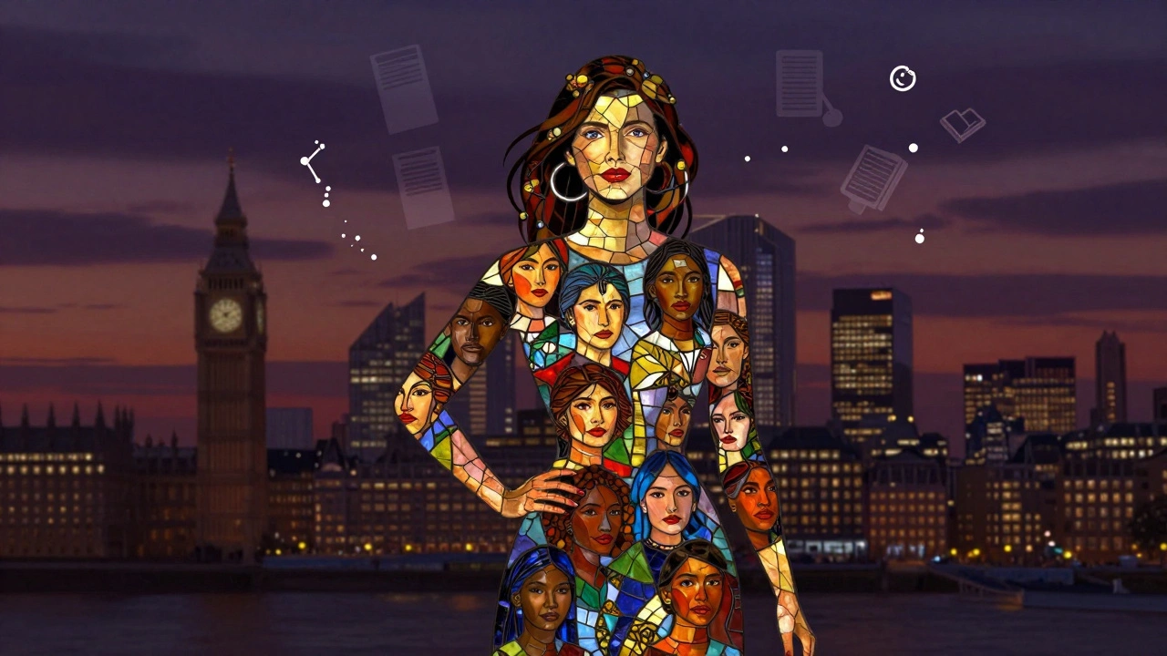 A vibrant mosaic of global faces forming a woman&#039;s silhouette against London&#039;s skyline, symbolizing cultural diversity and resilience.