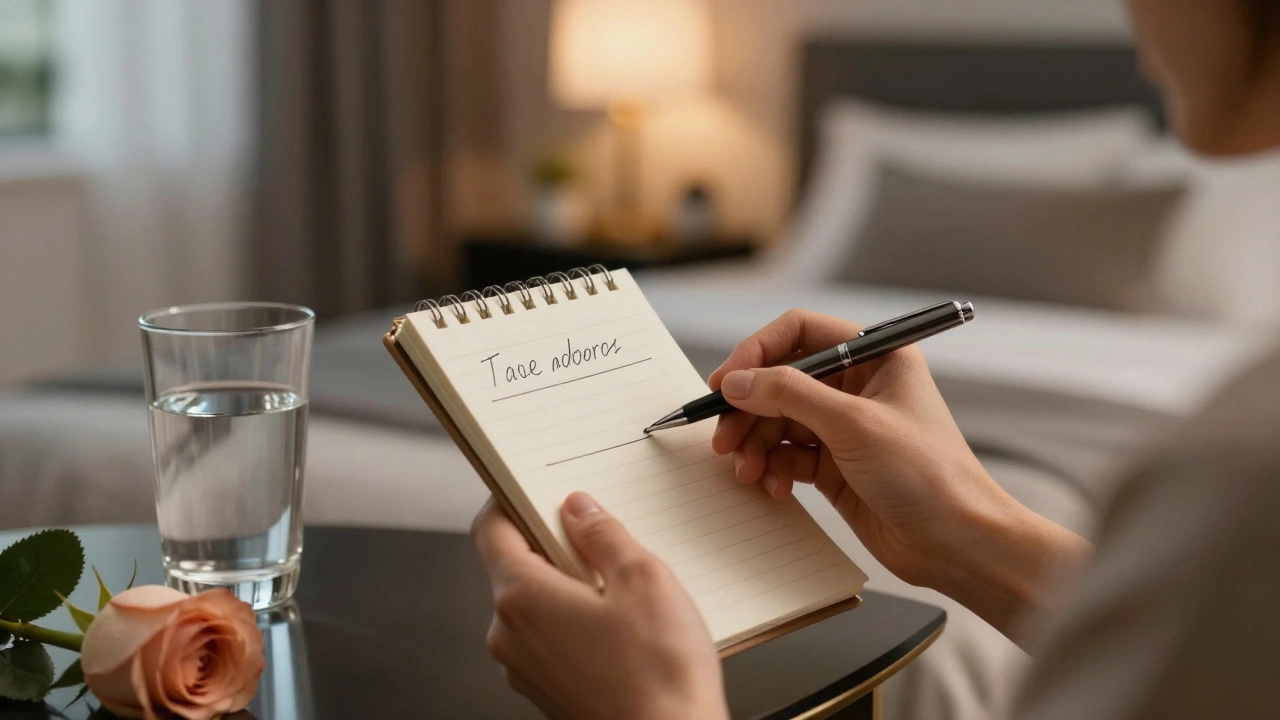 A woman&#039;s hands writing down personal boundaries on a notepad beside a glass of water and a rose.