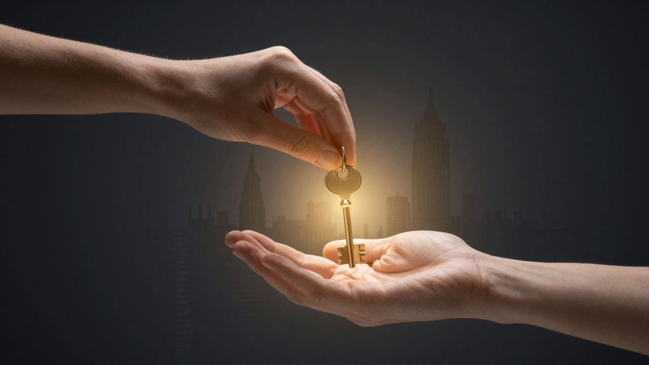 Two hands exchanging a glowing key, symbolizing trust and mutual consent in an intimate setting.